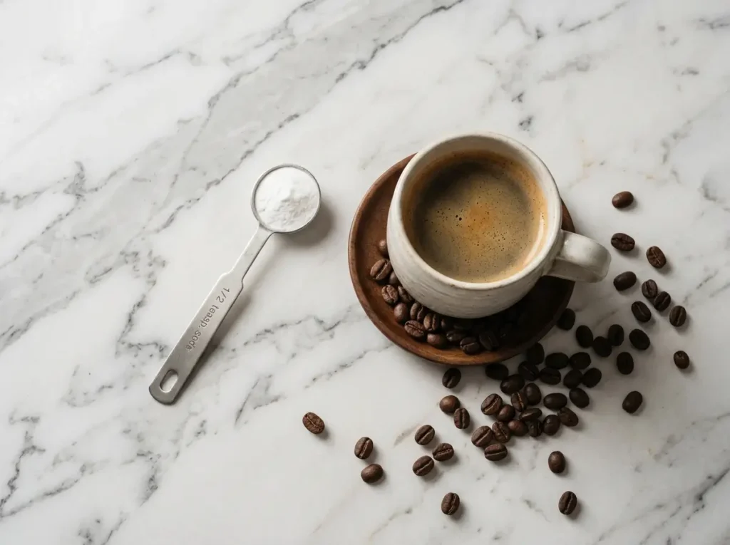 Small measuring spoon of baking soda beside a cup of coffee