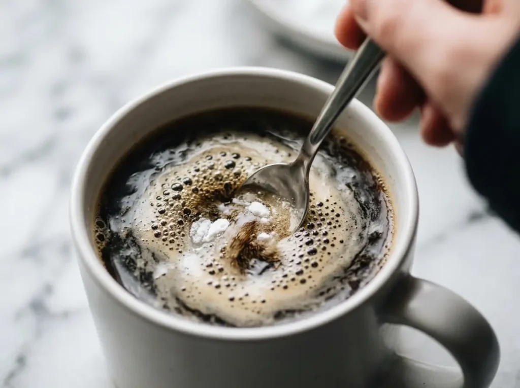 Baking soda dissolving into coffee with fizz reaction