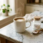 Mug of coffee with baking soda and spoon on marble counter