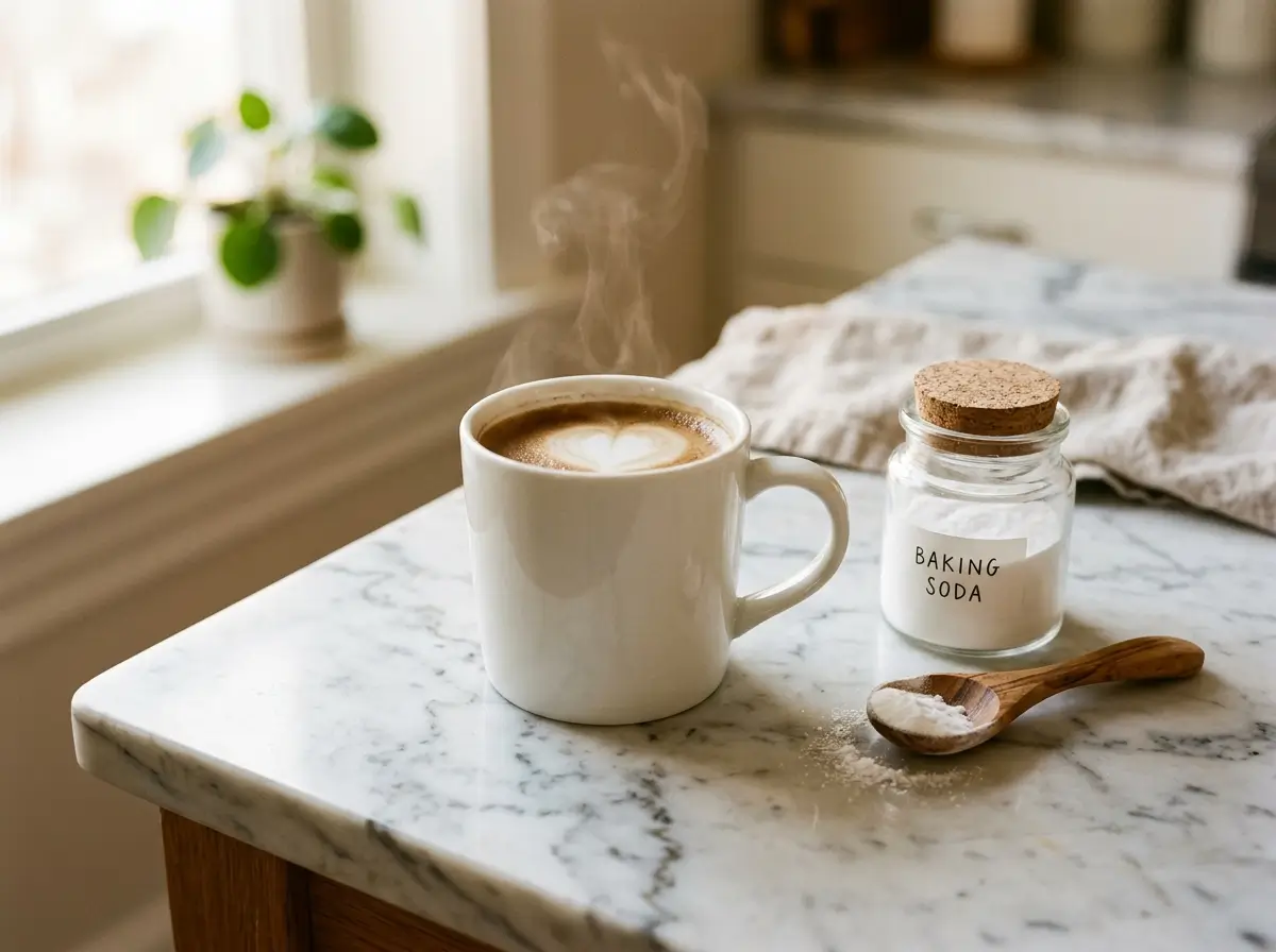 Mug of coffee with baking soda and spoon on marble counter