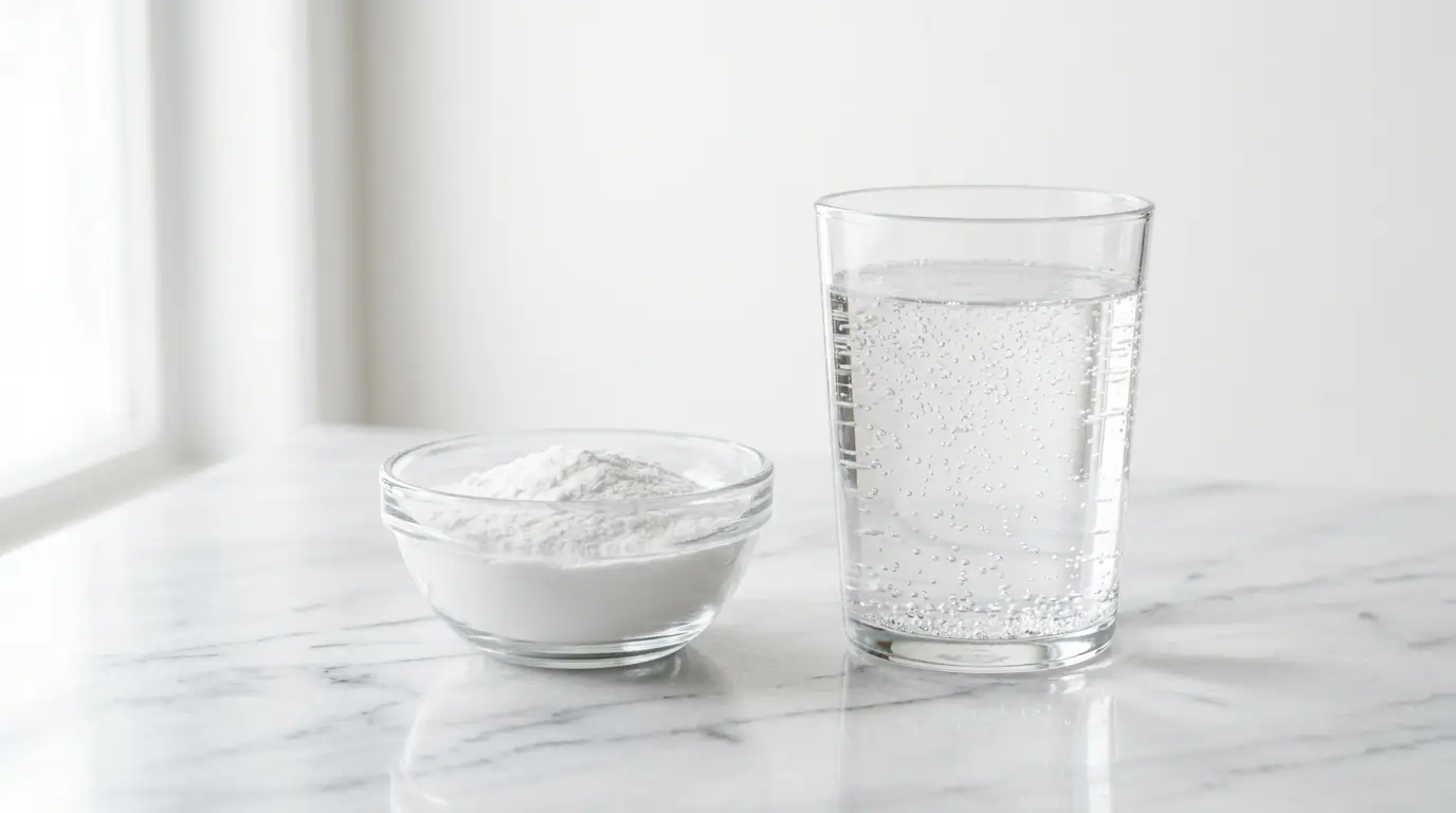 baking soda in a bowl next to a glass of water on white marble