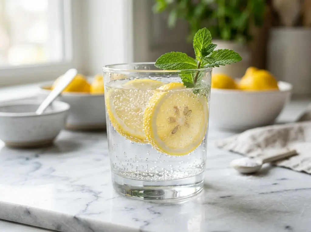 Close-up of baking soda water with lemon bubbles in a clear glass