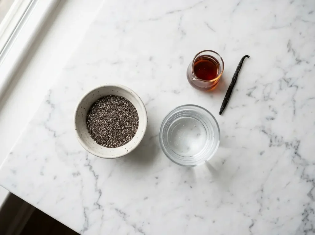 Three simple ingredients for dairy-free chia pudding: chia seeds, water and maple syrup