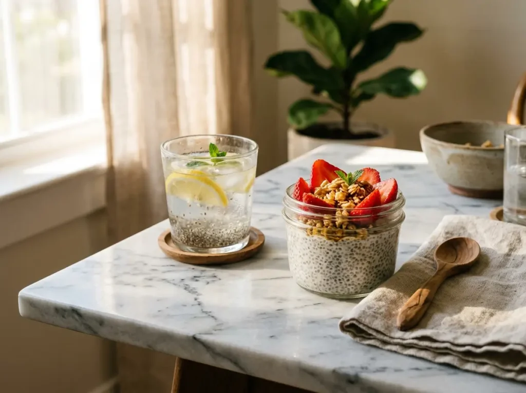 Chia seed pudding and lemon chia water served as a breakfast spread