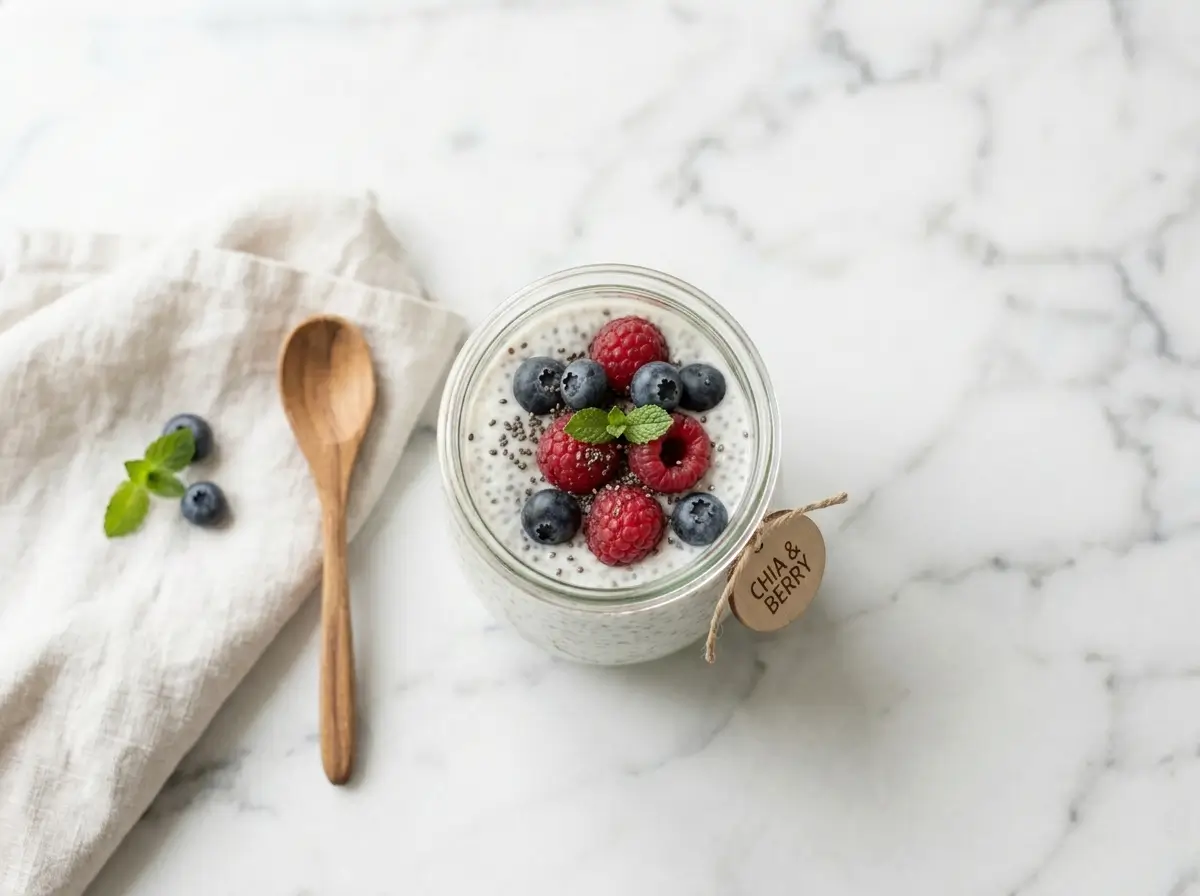 Chia seed pudding with water in a glass jar topped with fresh berries