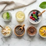 Seven chia seed recipes including pudding and chia seed water on a marble counter