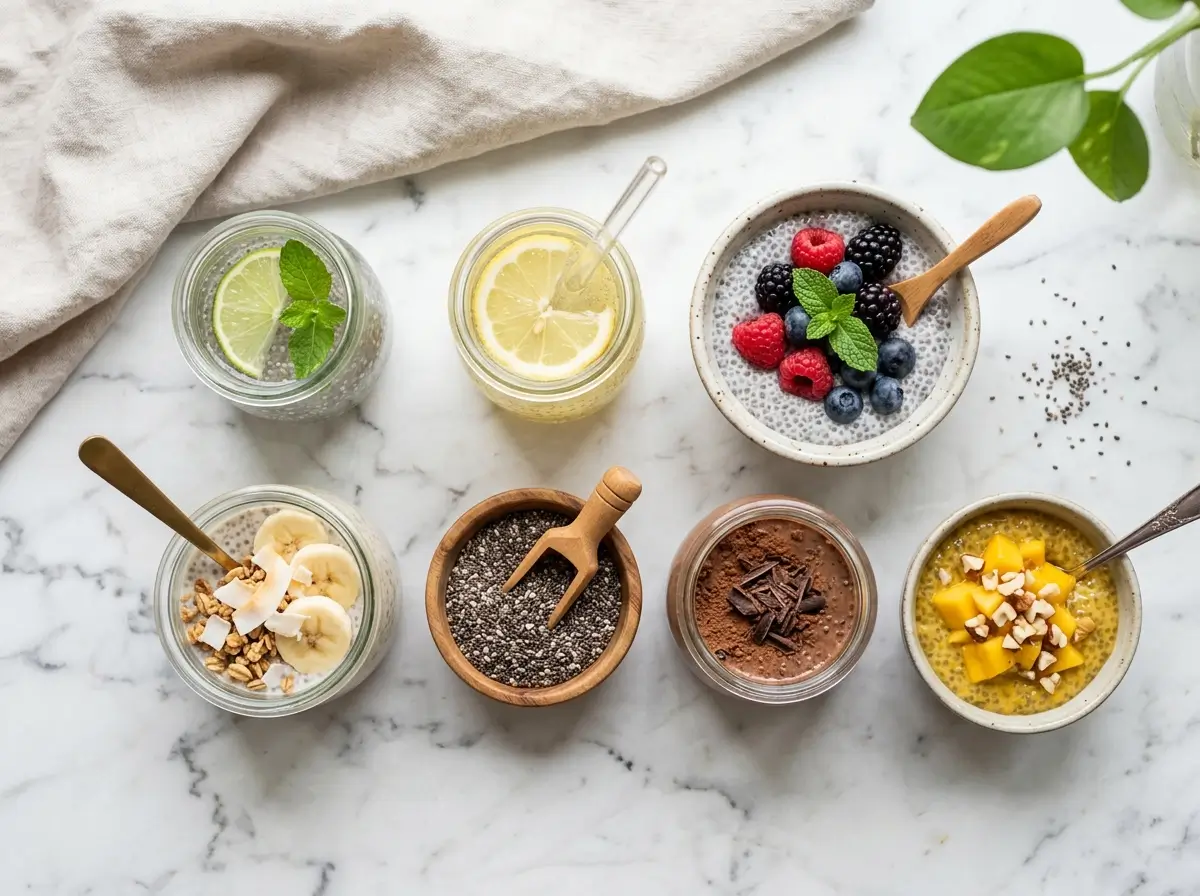 Seven chia seed recipes including pudding and chia seed water on a marble counter