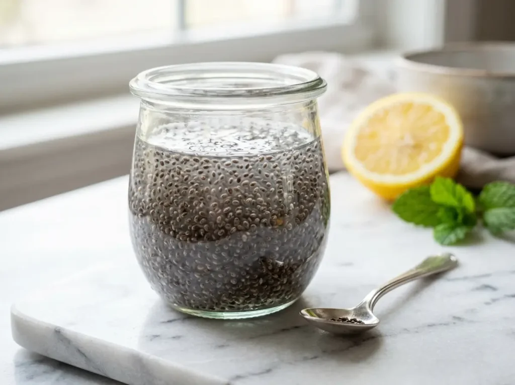 Seven chia seed recipes including pudding and chia seed water on a marble counter