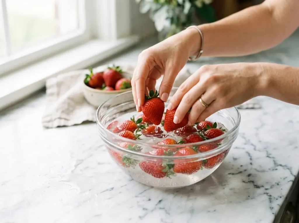 Hands placing fresh strawberries into a baking soda water soak for cleaning