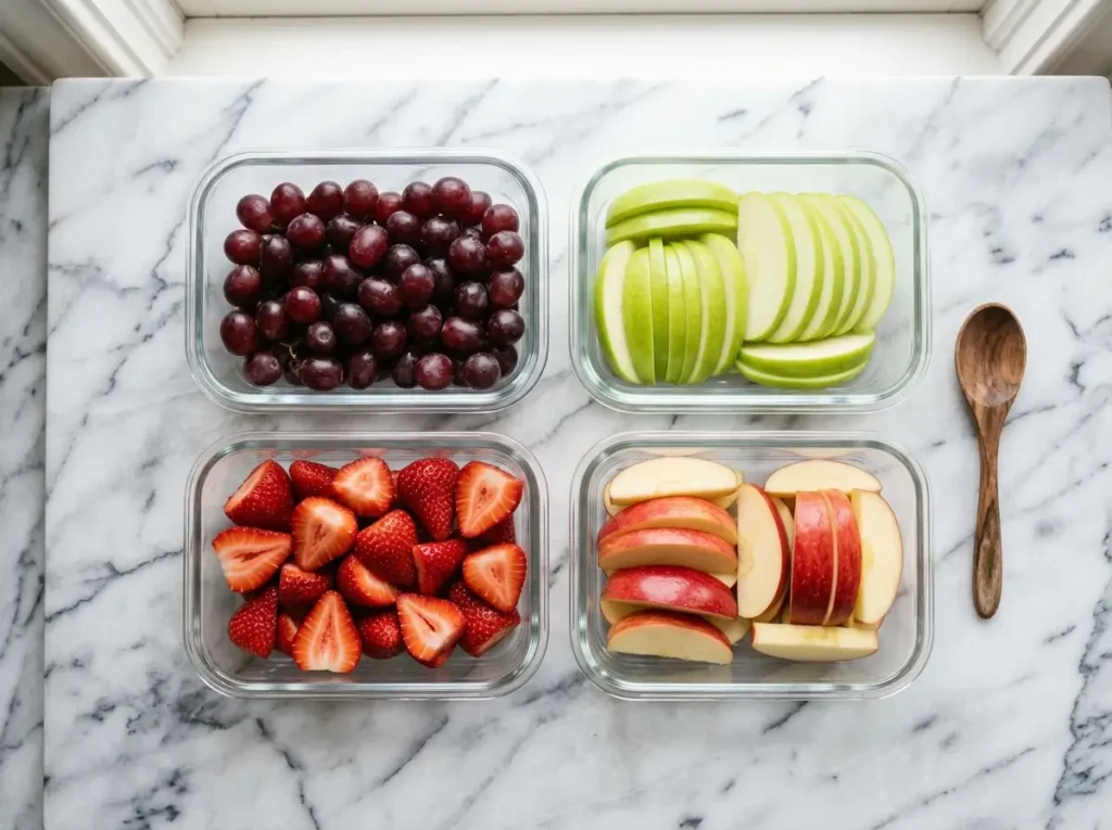 Washed and prepped fruit stored in glass containers, ready to eat