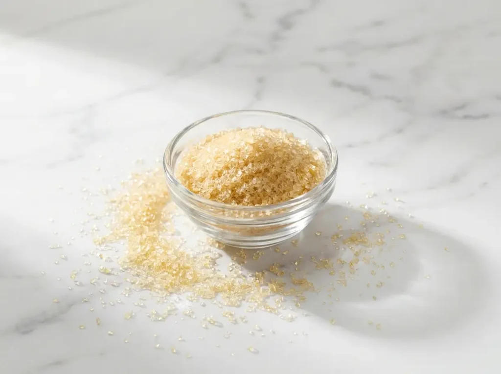 Does gelatin have protein — plain gelatin powder in glass bowl on marble