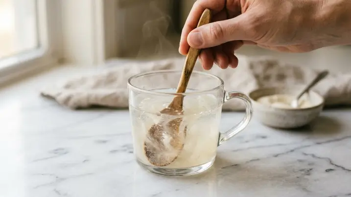 Daily gelatin drink routine with measuring spoon on marble 