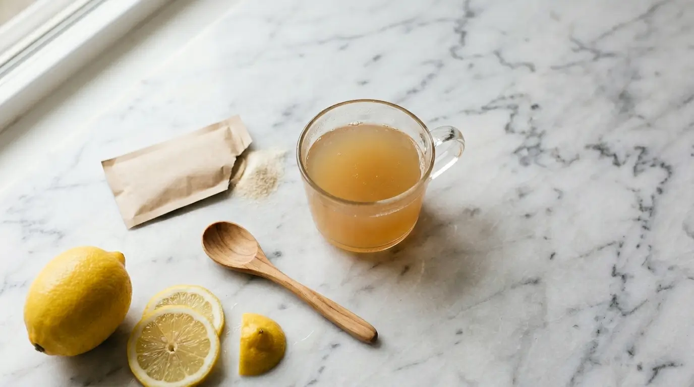 Dr Gupta gelatin recipe ingredients on Carrara marble countertop