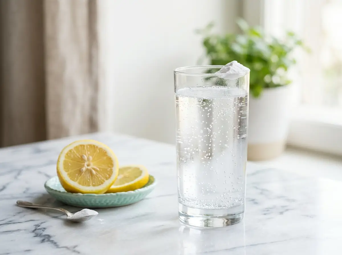 Glass of baking soda water with lemon on a white marble surface