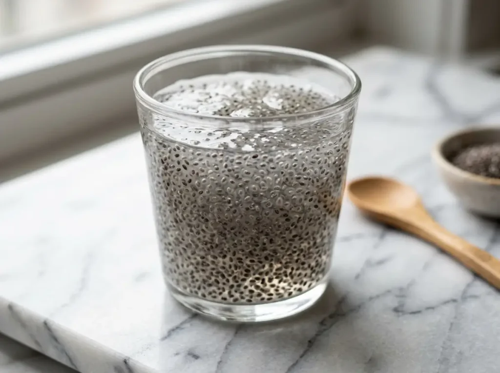 chia seed water close-up, another popular way to eat chia seeds