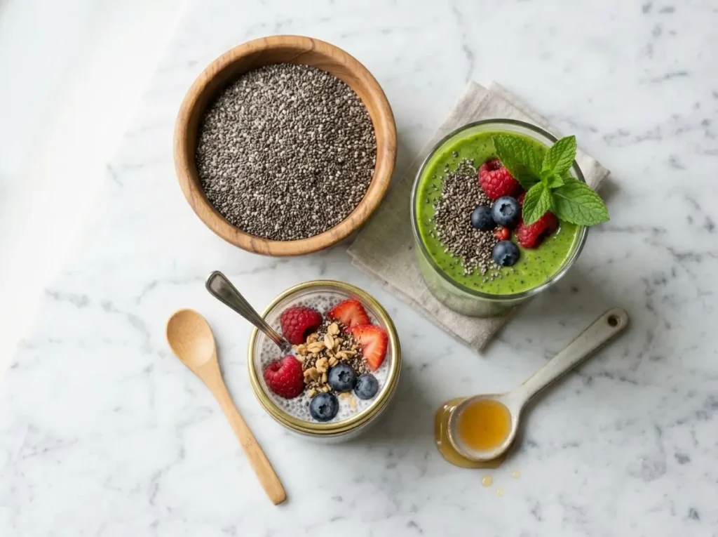 how to eat chia seeds - bowl, pudding, and smoothie on marble counter