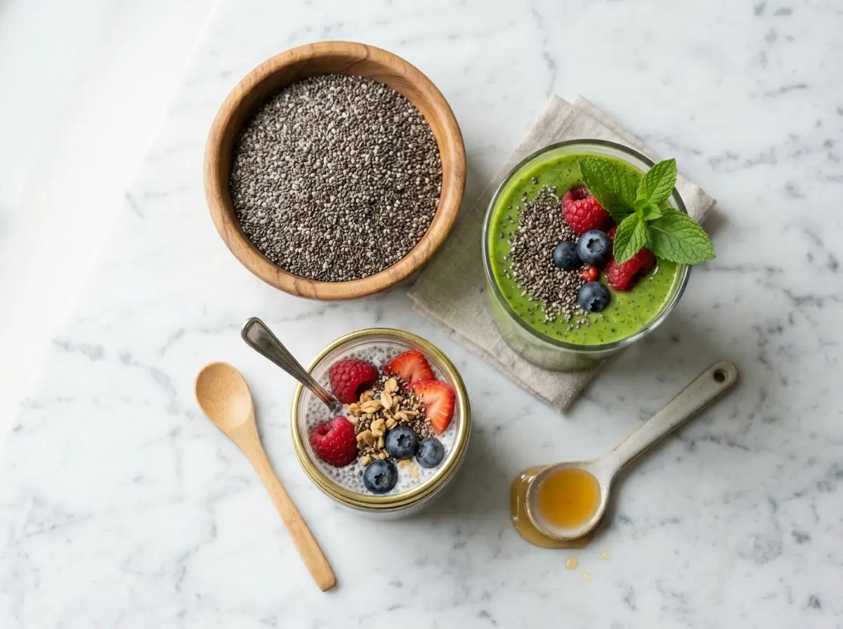 how to eat chia seeds - bowl, pudding, and smoothie on marble counter