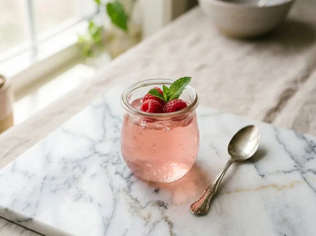 Light pink gelatin dessert made with fish gelatin served in a glass jar on a marble countertop