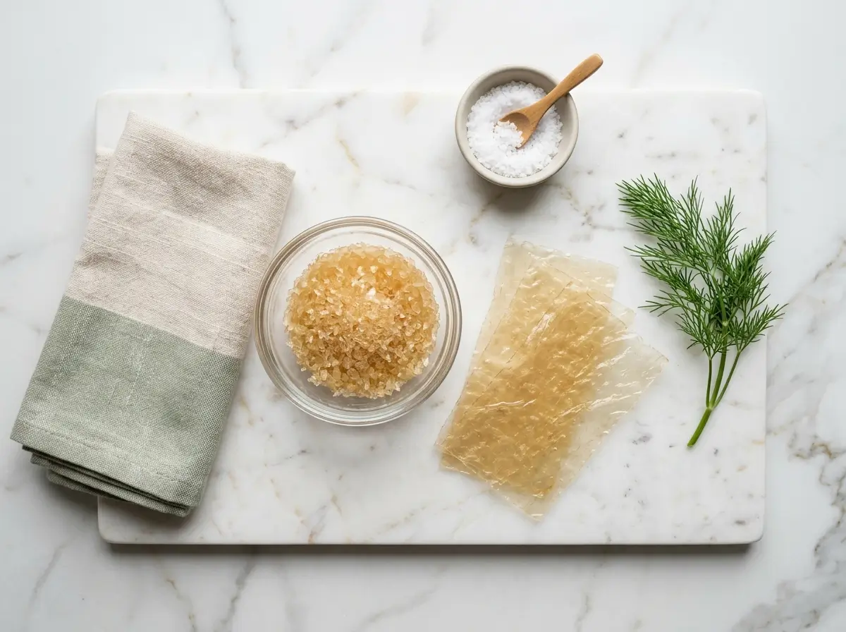 Fish gelatin granules and sheets in a glass bowl on a white Carrara marble countertop