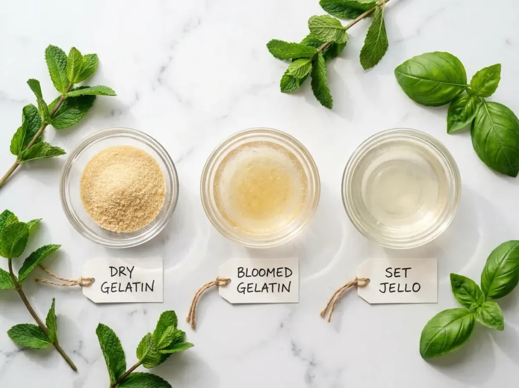 Does gelatin have protein — three stages of gelatin dry bloomed and set
