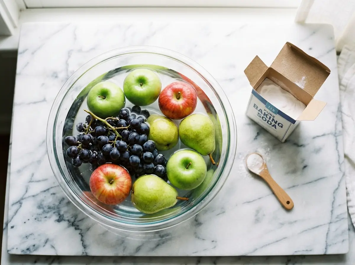 Fresh apples, pears, and grapes soaking in a baking soda water bath on a marble countertop