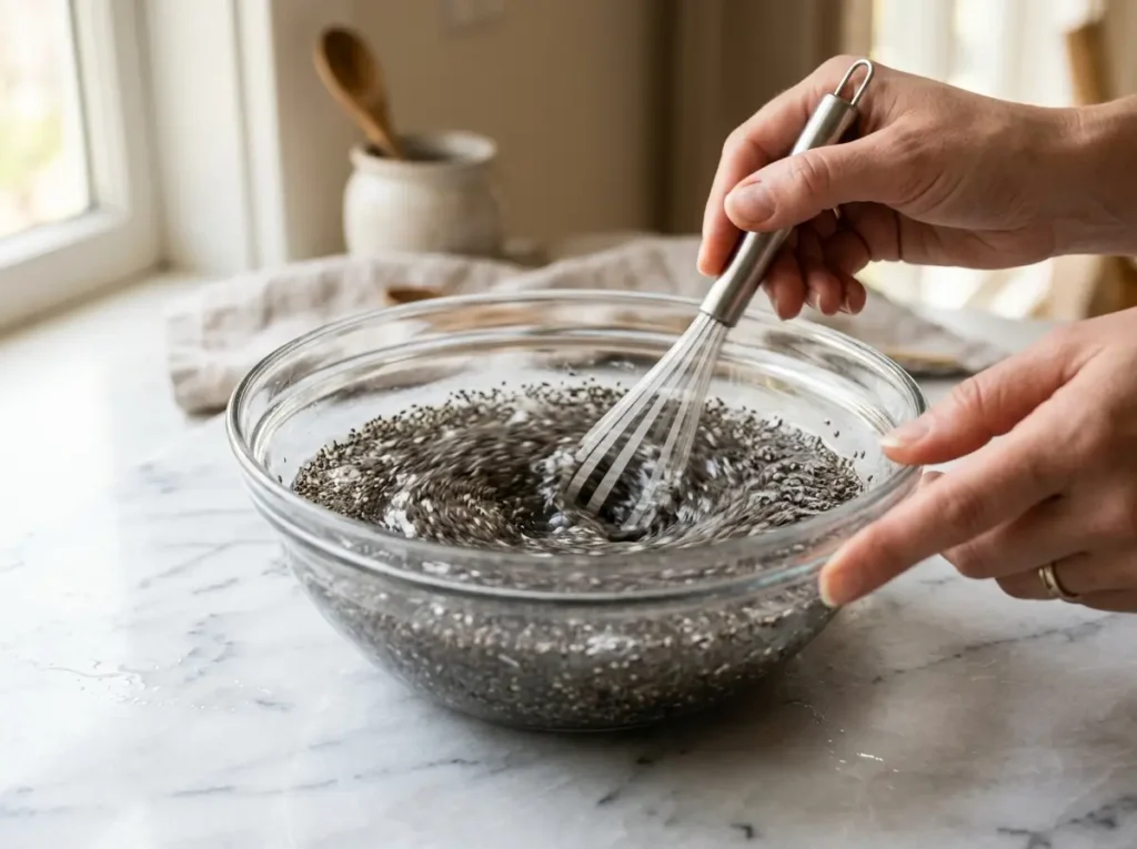 Whisking chia seeds and water together to make dairy-free chia pudding