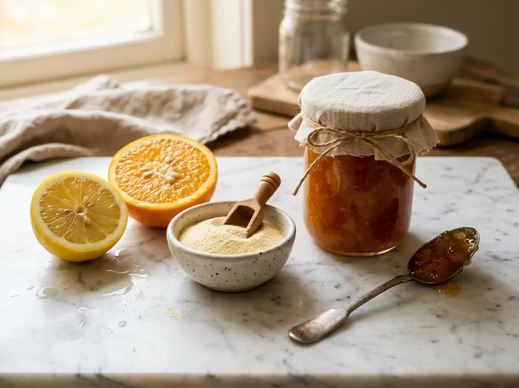 pectin powder in a ceramic bowl next to citrus fruits as a gelatin substitute