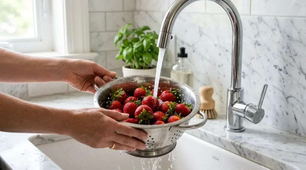 Rinsing Strawberries Under Running Water