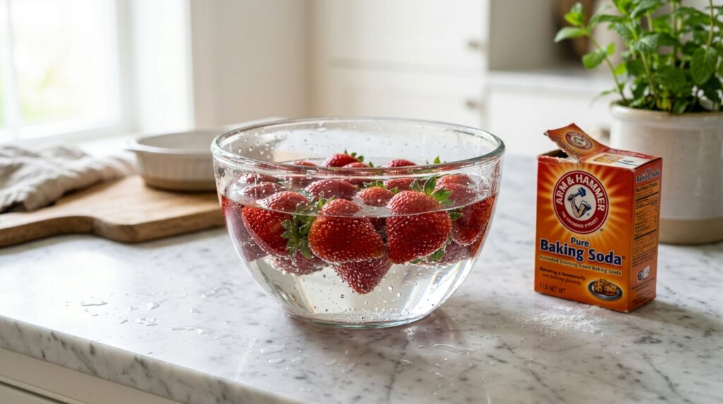 Strawberries Soaking in Baking Soda Water