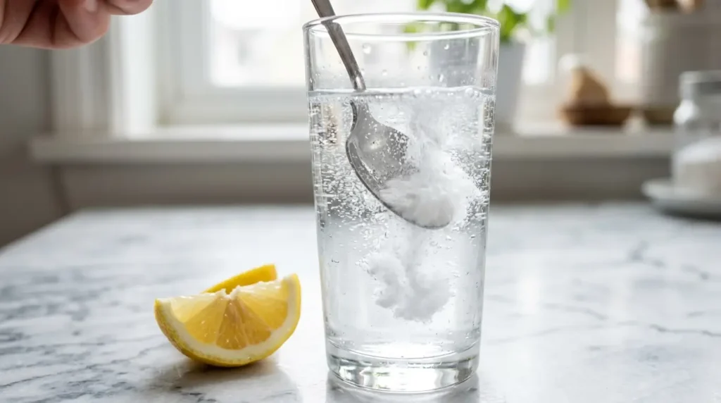 teaspoon of baking soda dissolving in water glass
