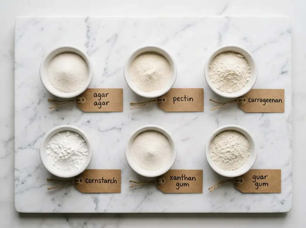 six bowls of vegan gelatin substitutes including agar pectin carrageenan cornstarch xanthan guar
