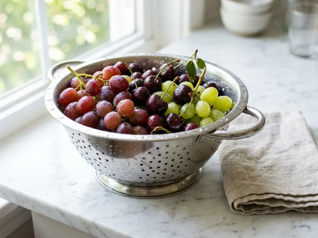 Freshly rinsed grapes and cherries draining in a colander after a baking soda wash