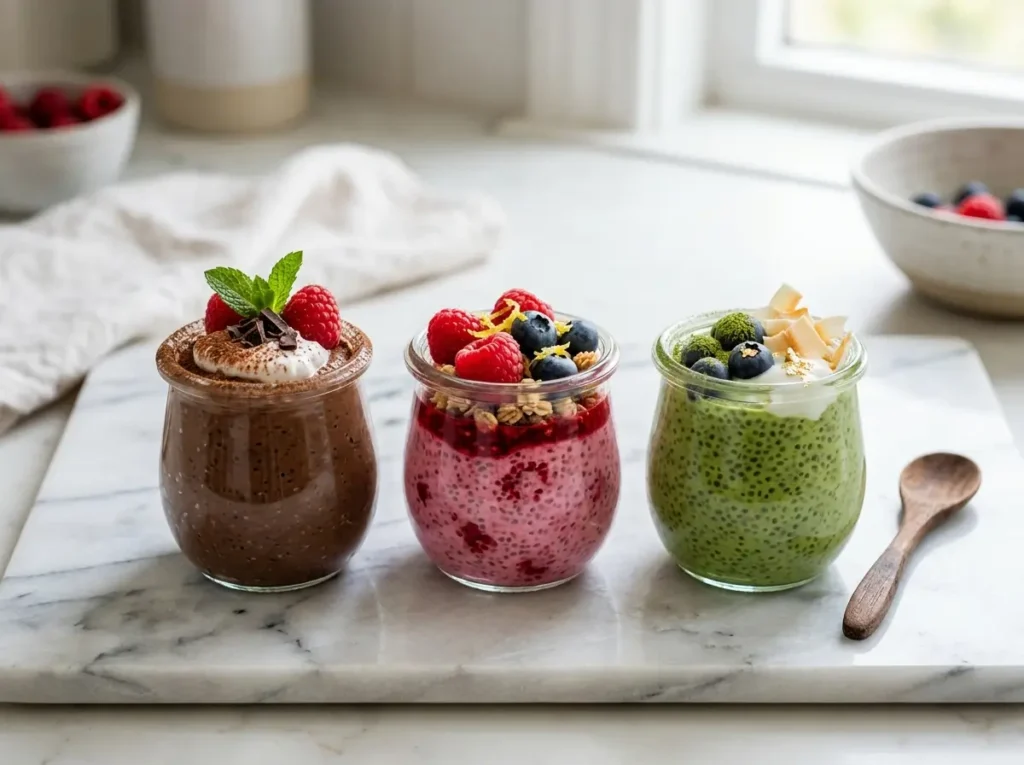 Chocolate, lemon-berry and matcha variations of chia pudding made with water