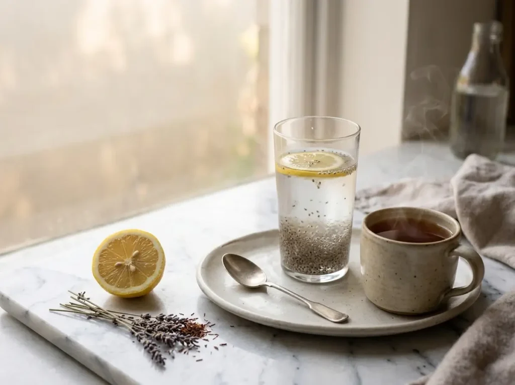 Warm mug of herbal tea on marble, soothing on a smoky day