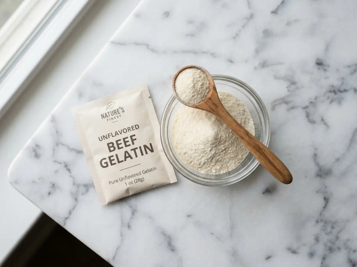 Beef gelatin benefits shown through powder and packet on white Carrara marble