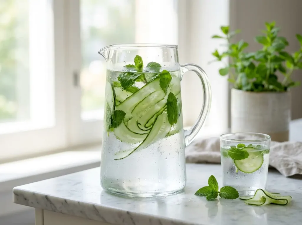 Cucumber and mint infused water pitcher on a marble counter