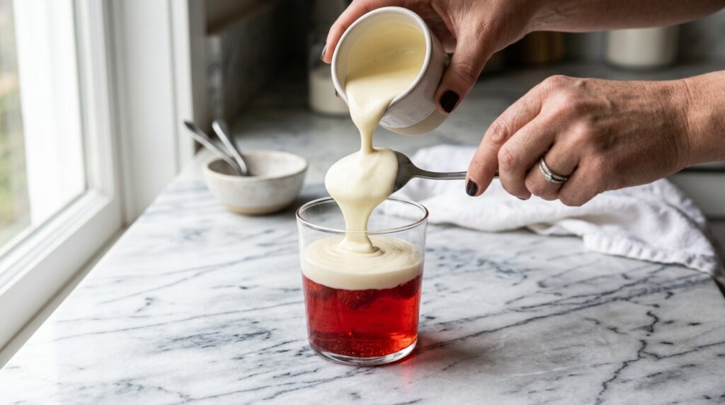 Pouring a jello layer over a spoon to keep clean lines