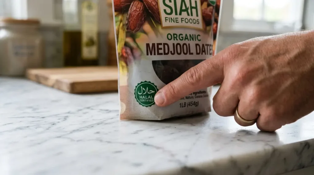 Checking a halal certification logo on gelatin packaging