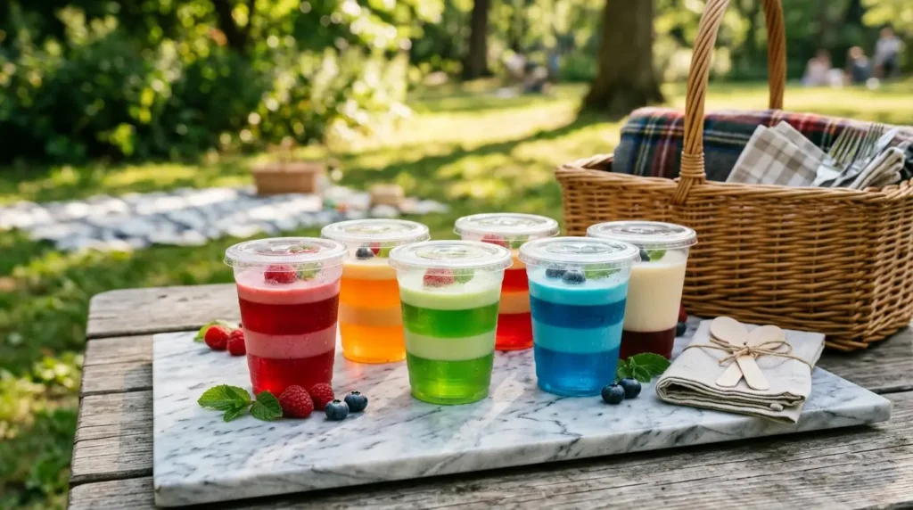 Lidded layered jello cups packed for travel