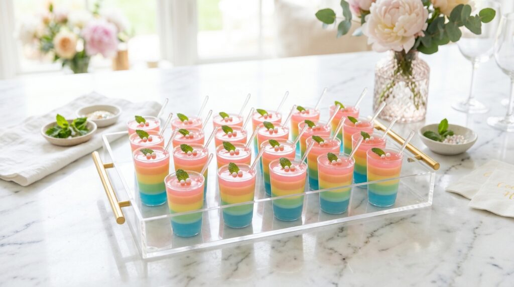 Tray of mini layered jello cups on marble