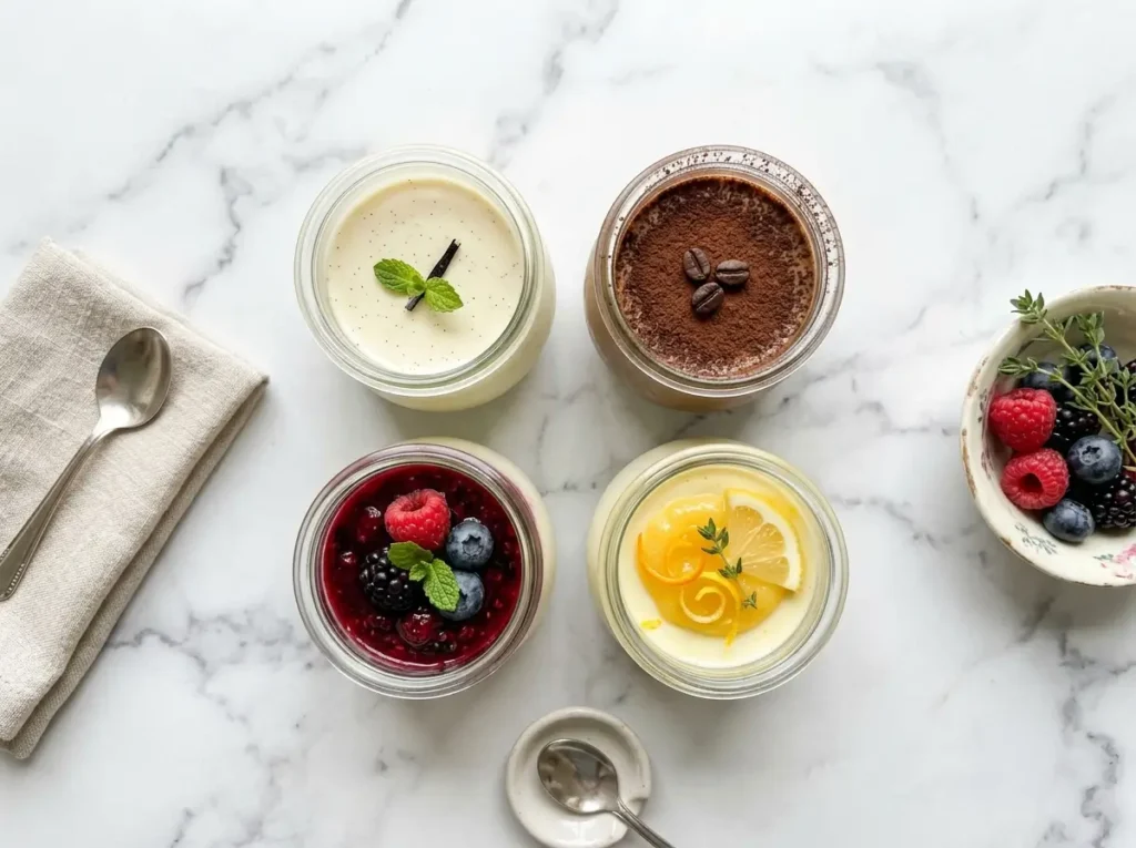 Four panna cotta flavor variations including coffee and berry coulis