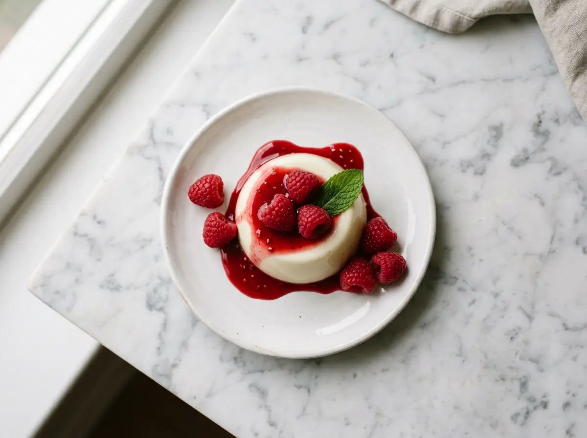 Classic panna cotta recipe with raspberry coulis on white Carrara marble