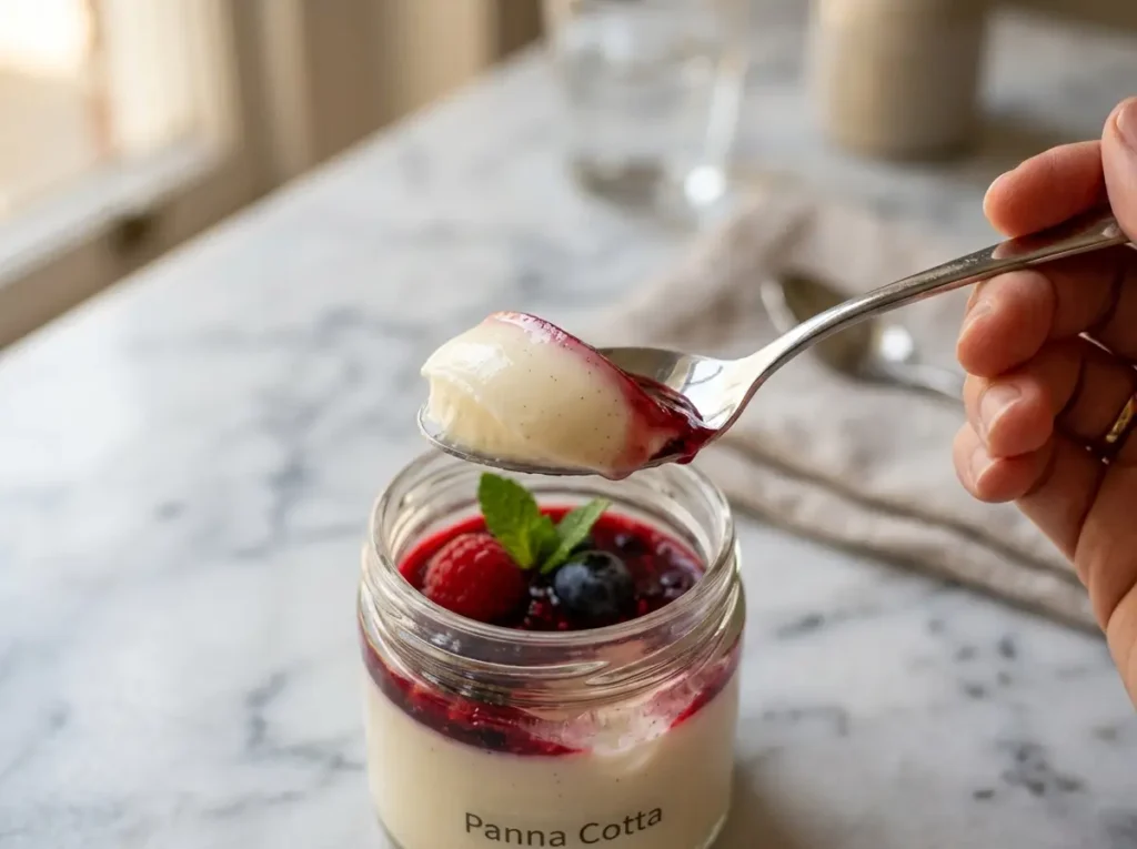 Spoon showing the silky texture of panna cotta