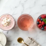 Protein jello in three high-protein versions on white Carrara marble