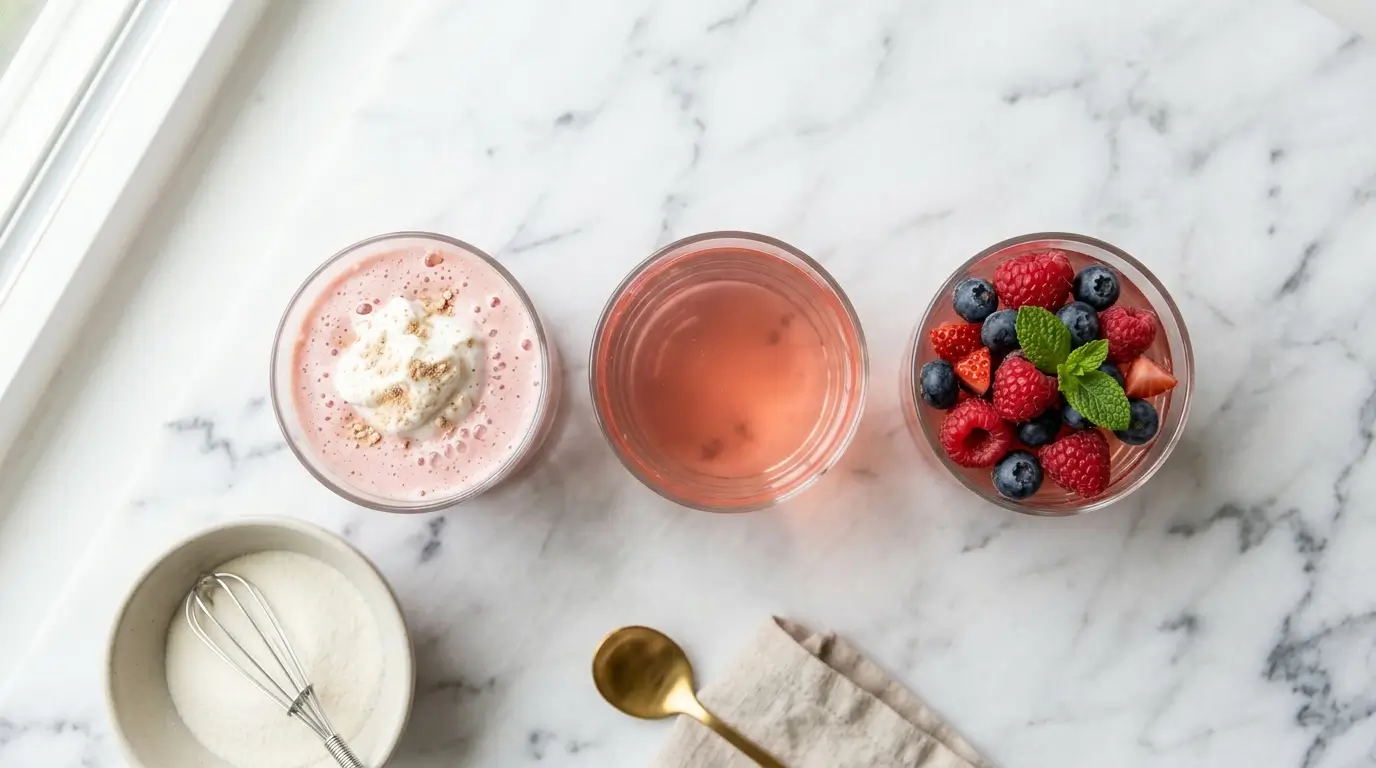 Protein jello in three high-protein versions on white Carrara marble