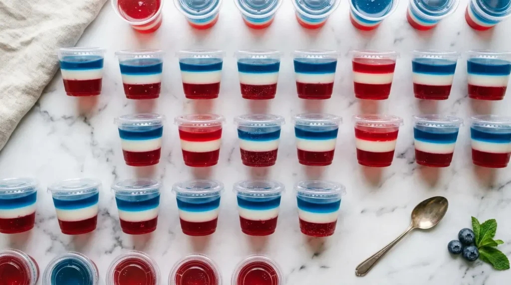 Virgin jello shot recipe with red, white and blue layers on marble