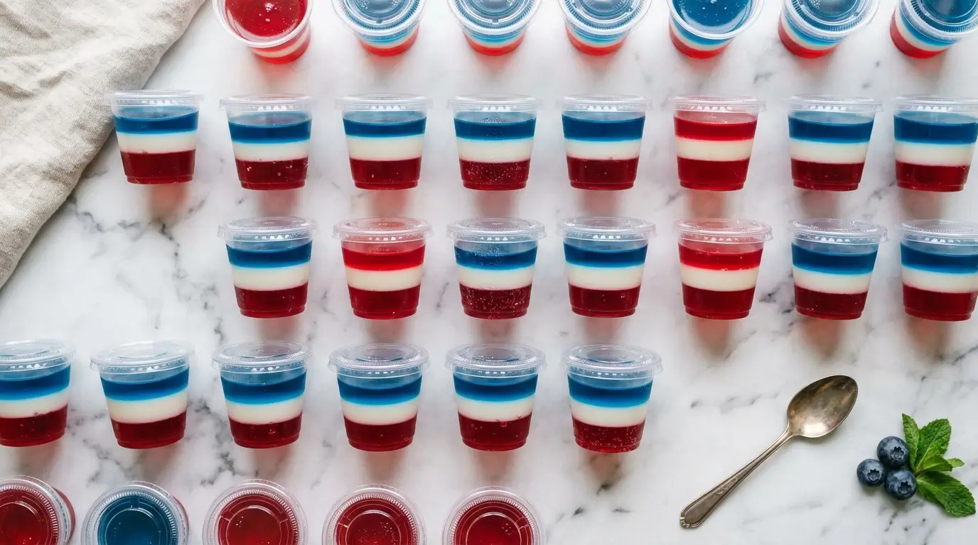 Virgin jello shot recipe with red, white and blue layers on marble
