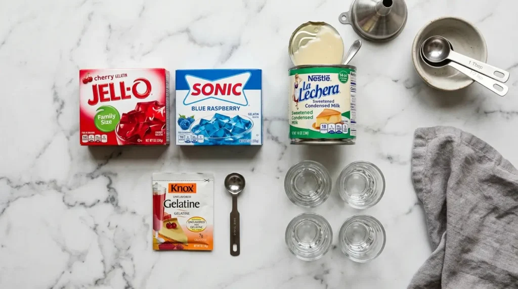 Ingredients for virgin jello shot recipe on marble counter