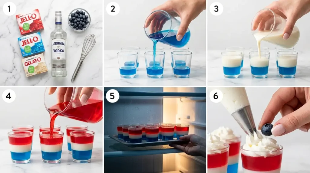 Pouring blue gelatin layer over white layer for jello shot recipe