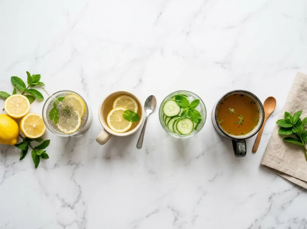 Flat lay of several hydrating wellness drinks on marble for smoke days